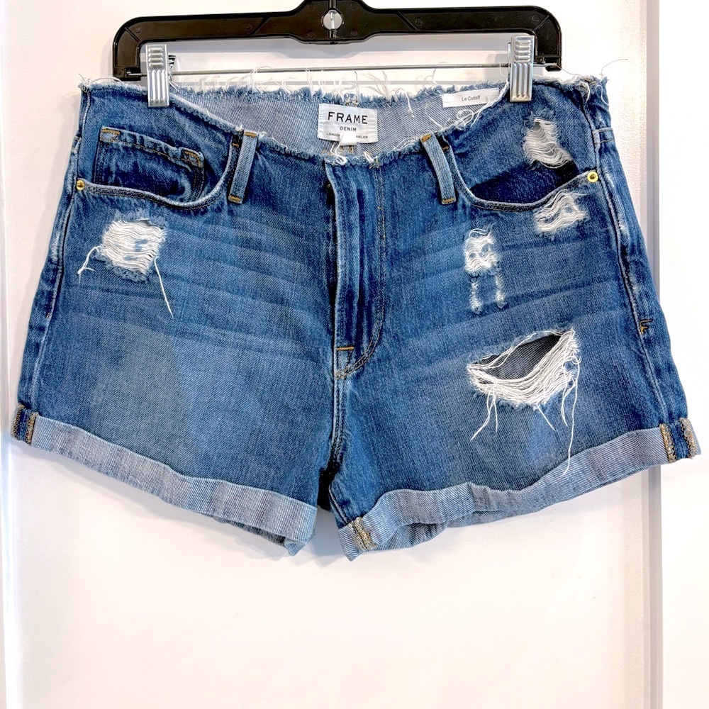 FRAME Le Cutoff Glenbarr Raw Hem Denim Shorts Size 30 Blue Distressed Y2K Summer
